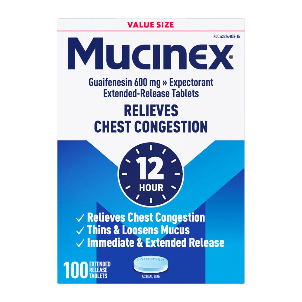 Mucinex 12-hour bottle front shows extended-release tablets for chest congestion relief.