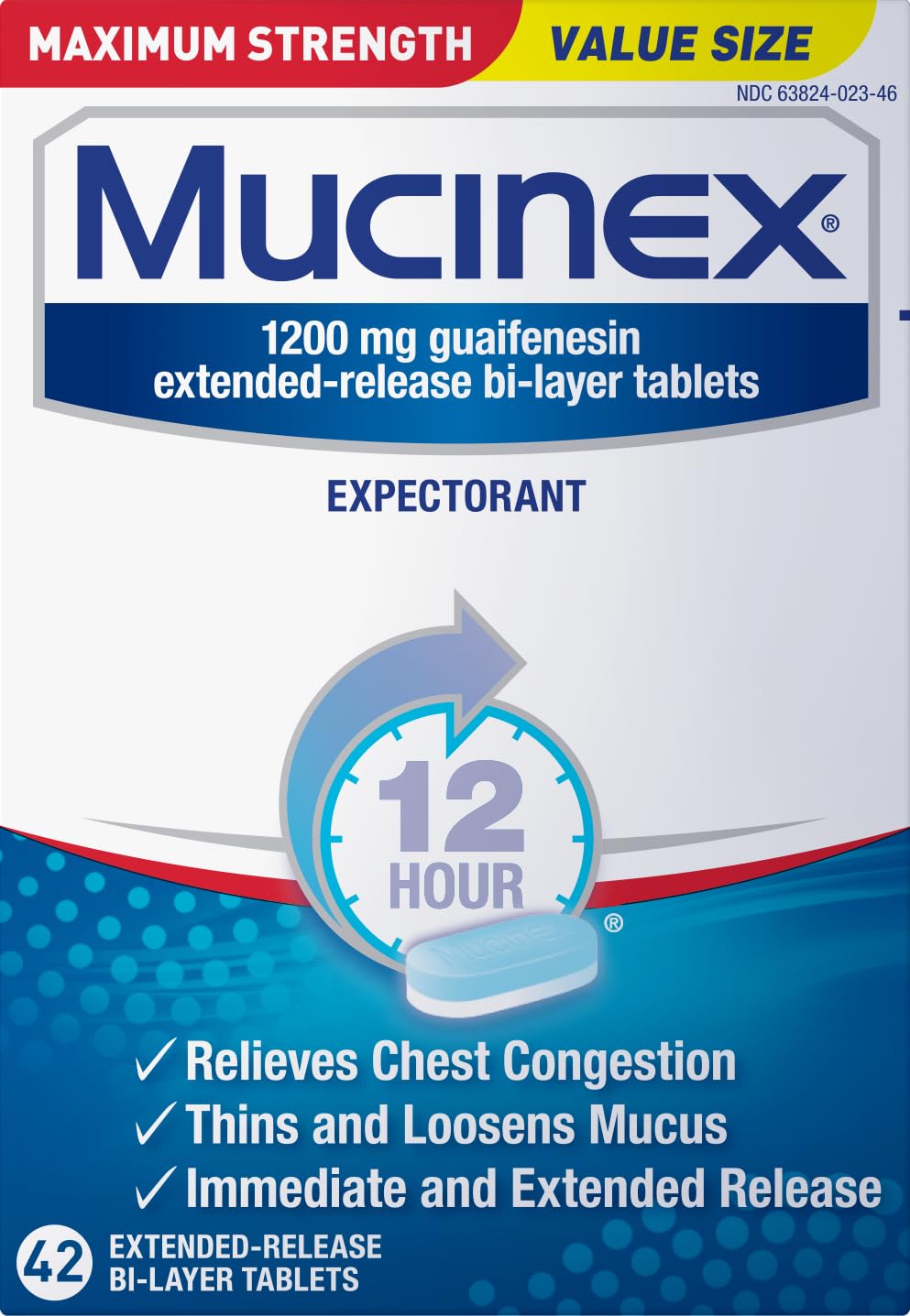 Mucinex 12 Hour bottle showing maximum strength 1200 mg formula for mucus relief