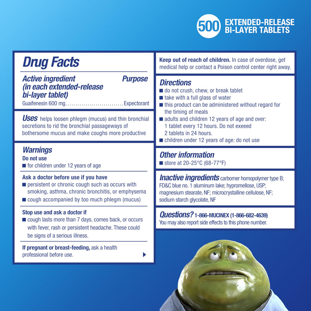 Mucinex 600mg guaifenesin, an effective expectorant for mucus thinning.