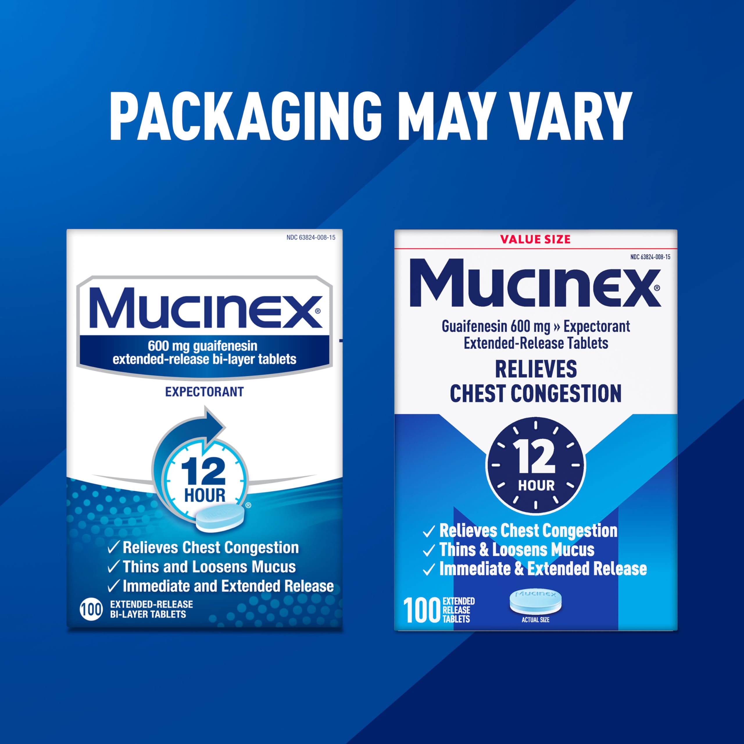 Mucinex box graphic highlights the 12-hour relief promise.