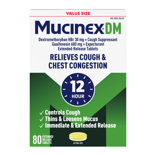 Mucinex DM 12hr bottle front for chest congestion relief.