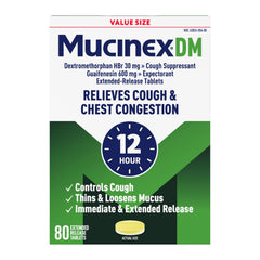 Mucinex DM 12hr bottle front for chest congestion relief.