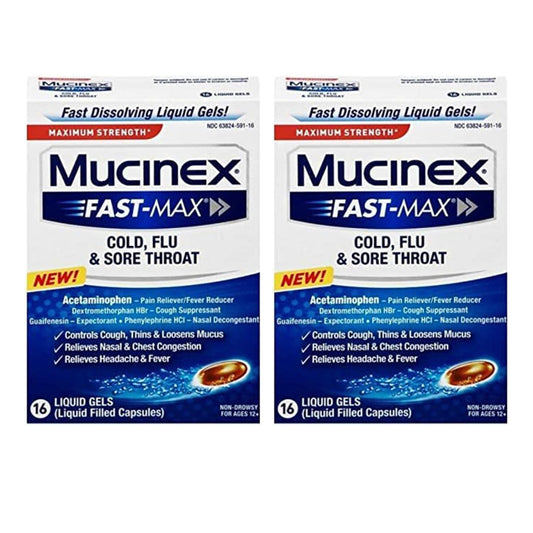 The Mucinex Fast-Max bottle front shows multi-symptom relief for cold and flu symptoms.