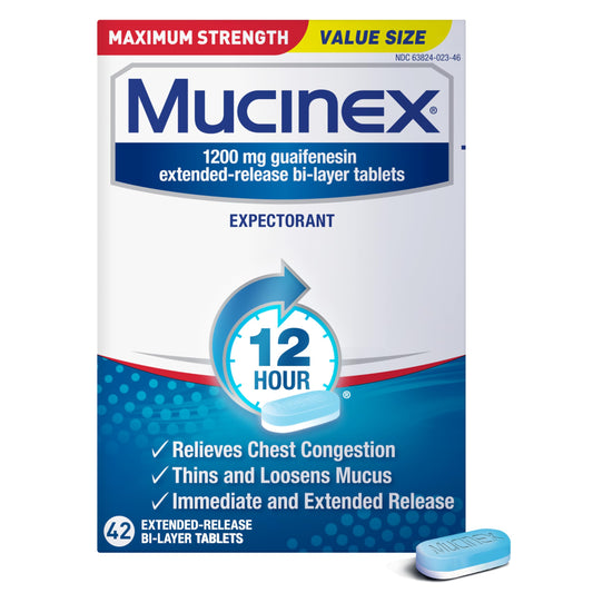 Mucinex maximum-strength bottle on shelf suggesting 12-hour chest congestion relief