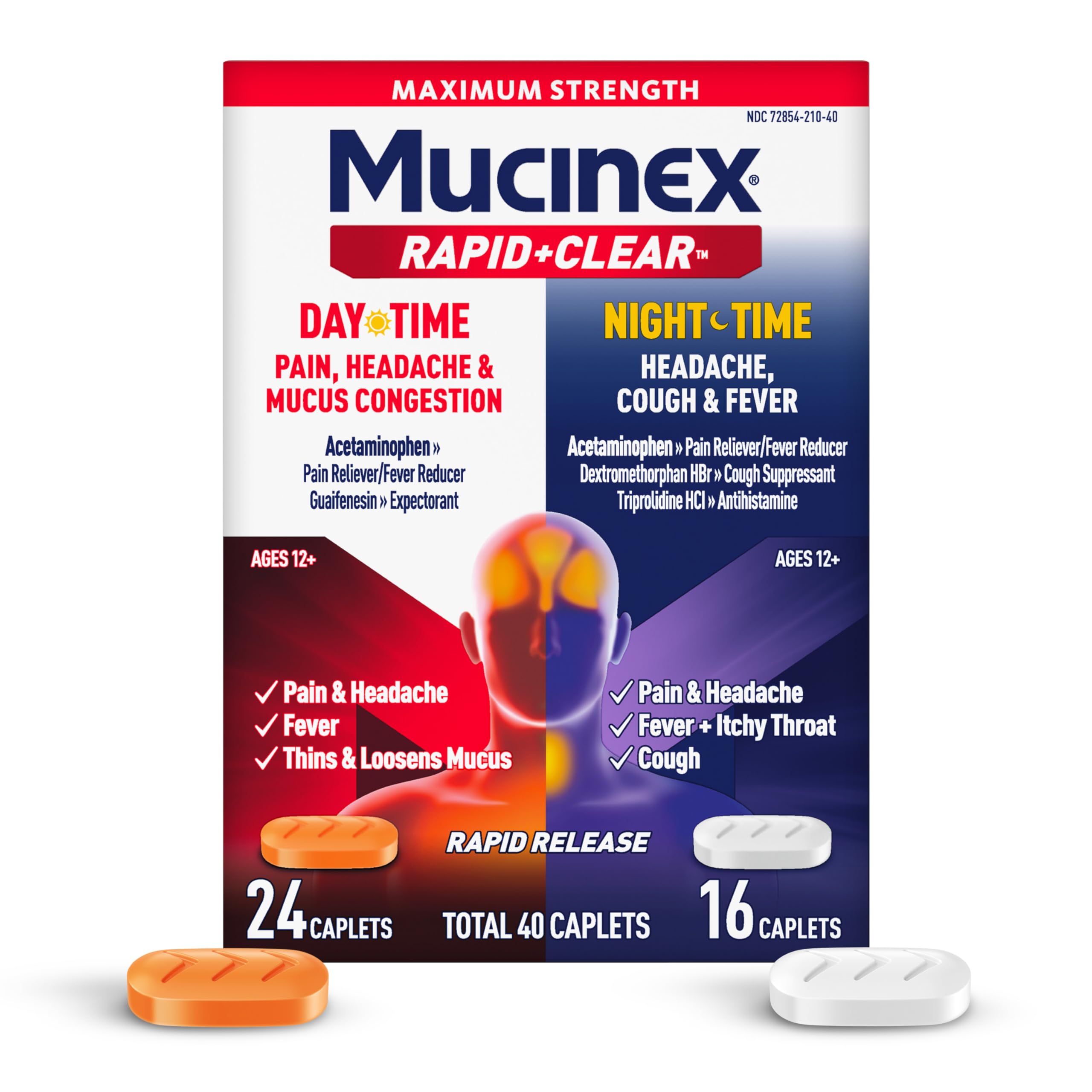 Mucinex Rapid Clear daytime caplets packaging showing fast relief for fever and body aches.