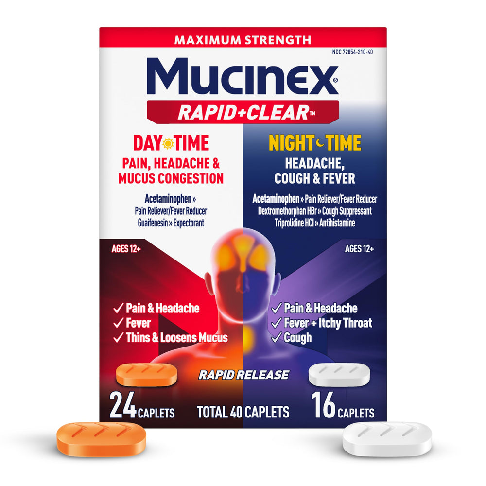 Mucinex Rapid Clear daytime caplets packaging showing fast relief for fever and body aches.