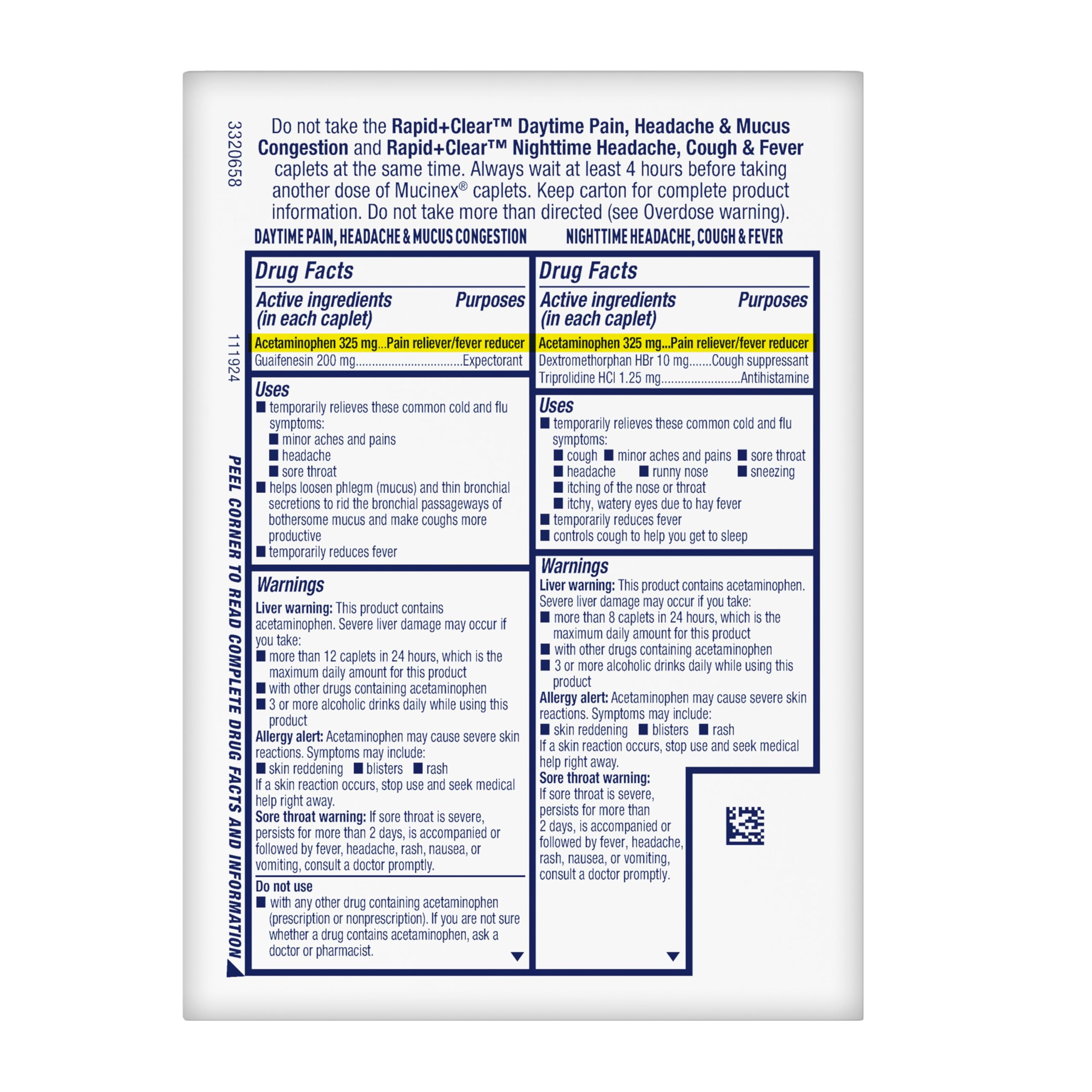 Daytime caplets showing sore throat relief and fever control.