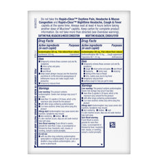 Daytime caplets showing sore throat relief and fever control.