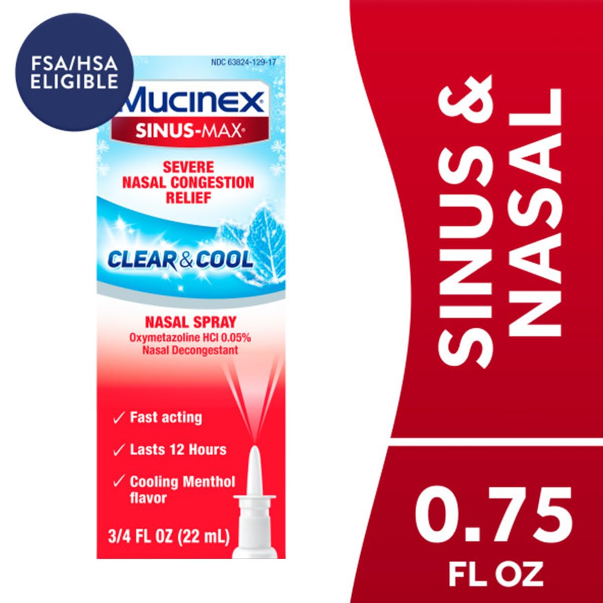 Mucinex Sinus-Max severe spray bottle focuses on nasal and sinus congestion relief.
