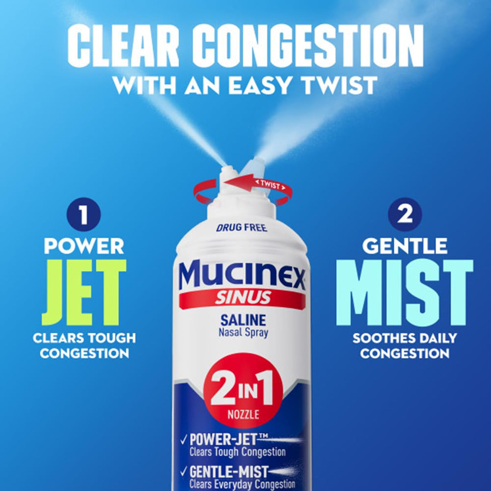 Mucinex Sinus Saline spray convenient 3-pack for family use.
