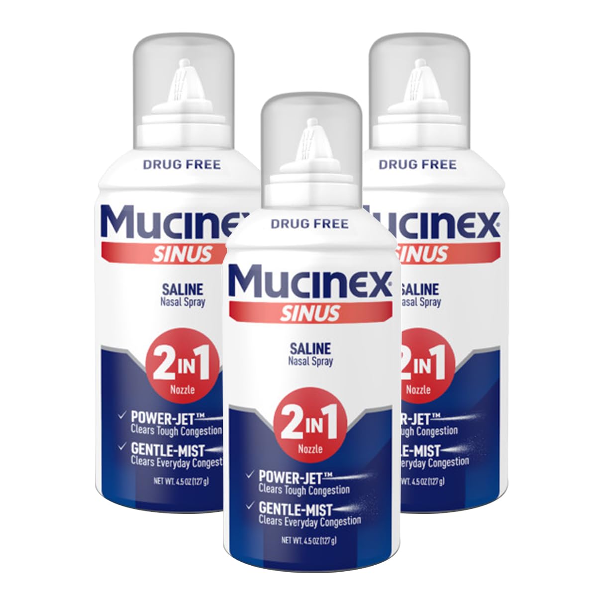 Mucinex Sinus Saline spray with jet nozzle for fast relief.
