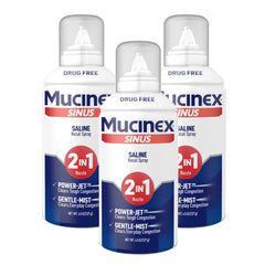 Mucinex Sinus Saline spray with jet nozzle for fast relief.