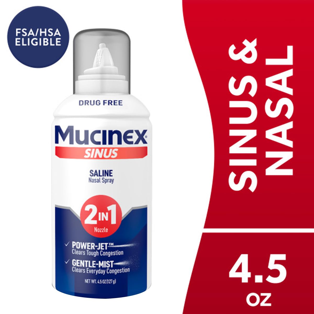 Mucinex Sinus Saline spray with gentle mist nozzle for daily soothing.