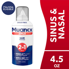 Mucinex Sinus Saline spray with gentle mist nozzle for daily soothing.