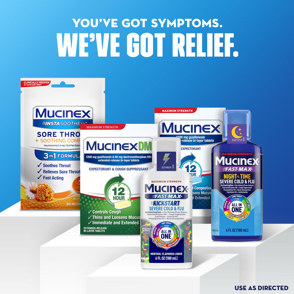 Mucinex usage scene with tablet and water for daytime relief