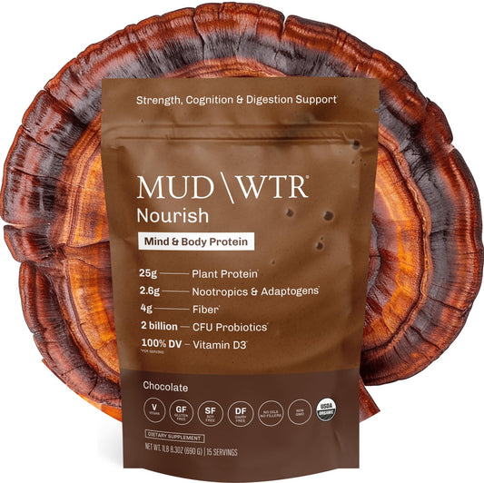 MUDWTR Nourish chocolate protein powder tub with rich cacao for steady energy