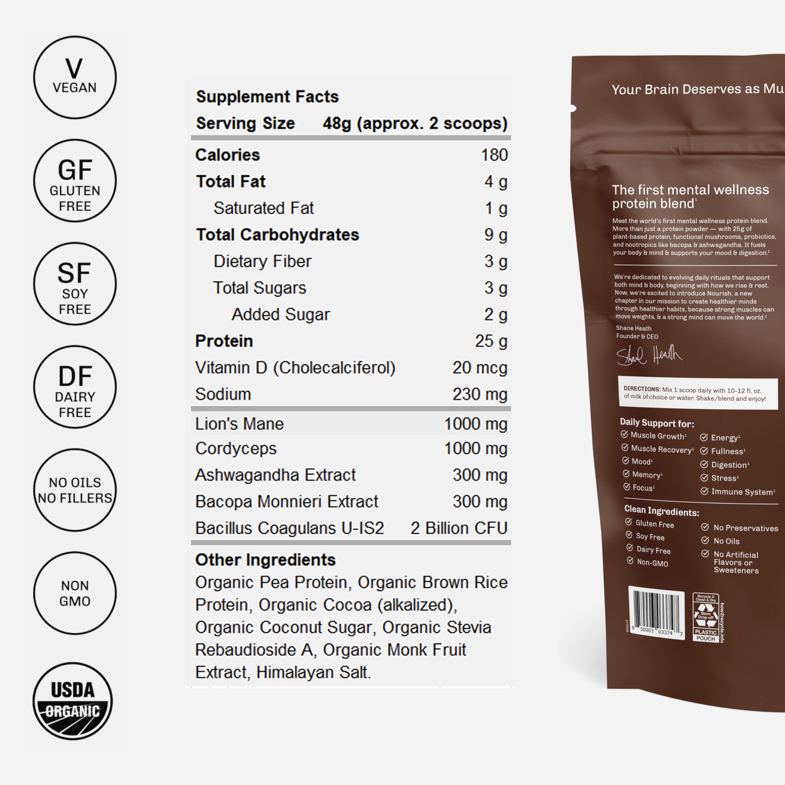 MUDWTR Nourish organic label highlighting USDA Organic status