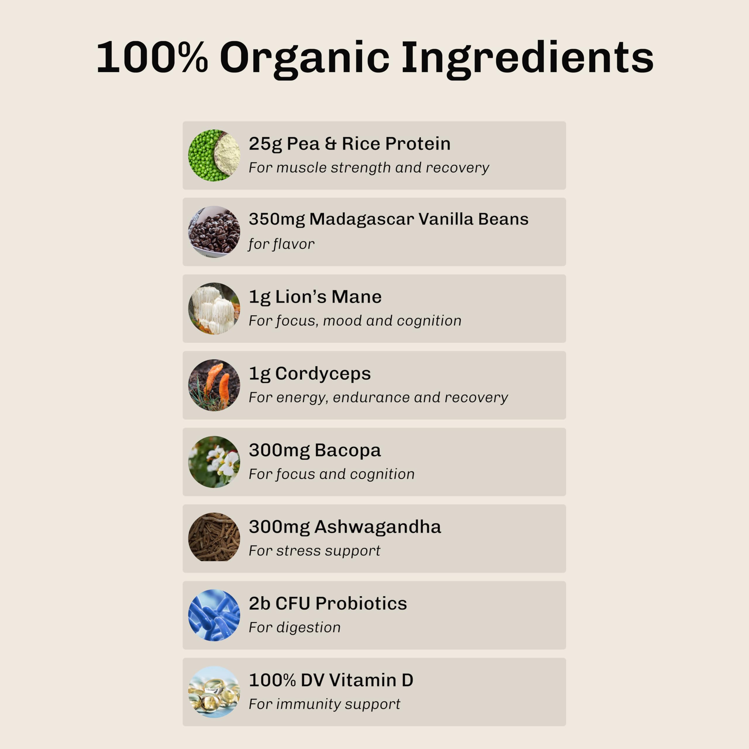 MUDWTR Nourish ingredients panel shows 25g plant-based protein per serving