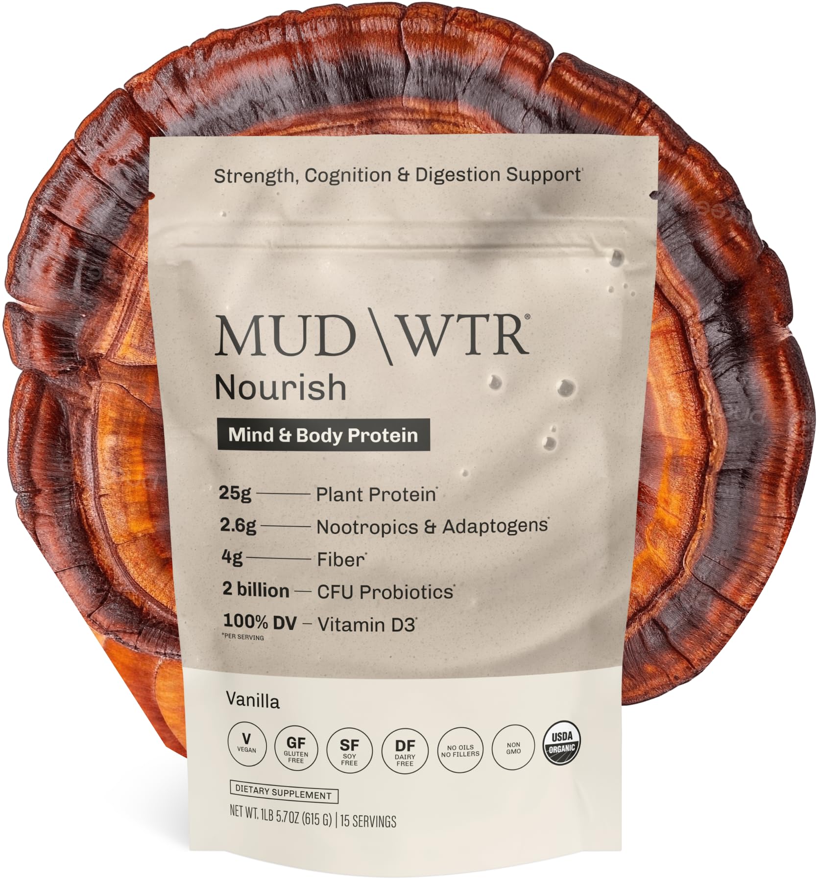MUDWTR Nourish vanilla protein powder tub highlighting plant-based formula for shakes