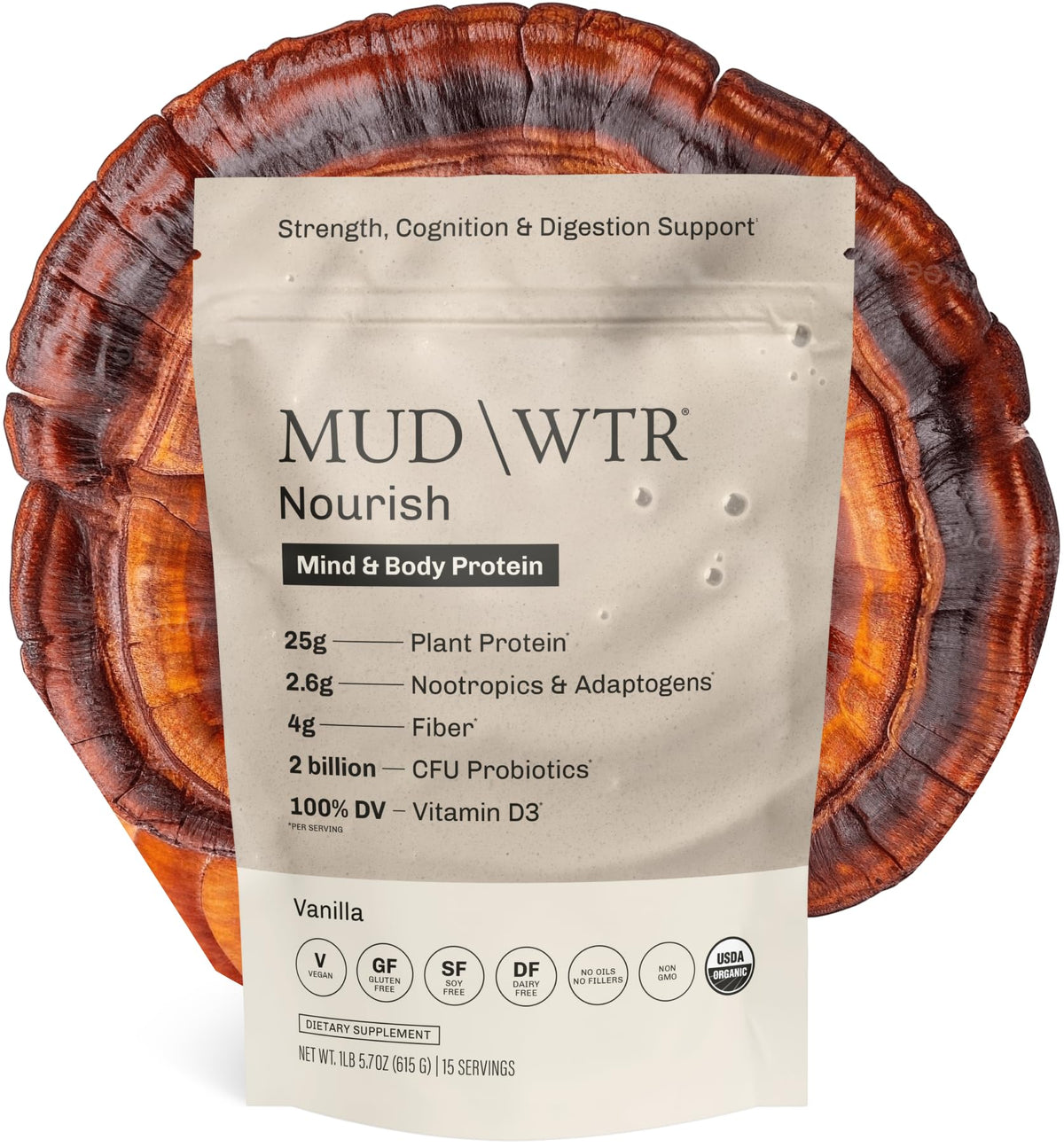 MUDWTR Nourish vanilla protein powder tub highlighting plant-based formula for shakes