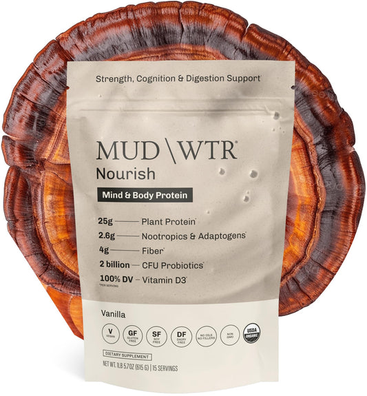 MUDWTR Nourish vanilla protein powder tub highlighting plant-based formula for shakes