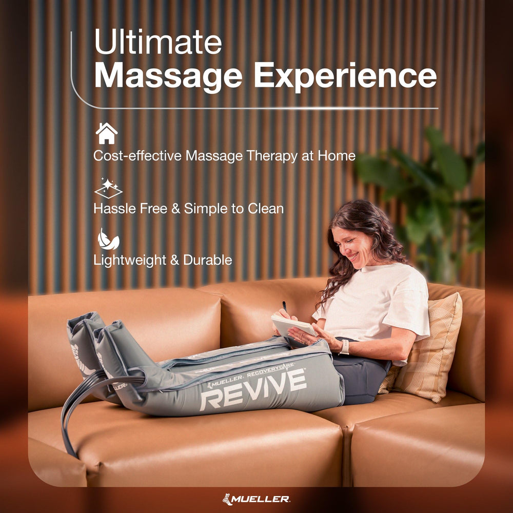 Mueller REVIVE M2 console showing programmable controls for personalized compression sessions.