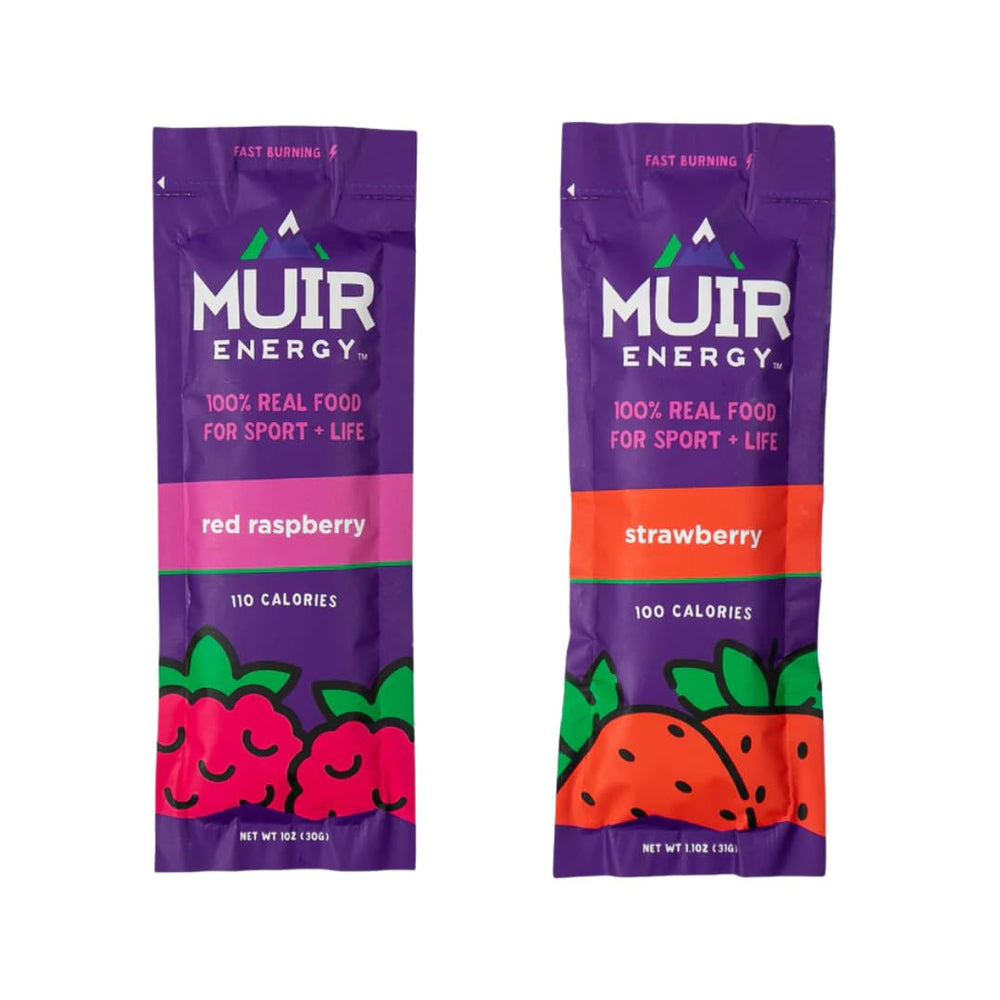Muir Energy Fast Burn red raspberry gel in pouch for on-the-go fueling.