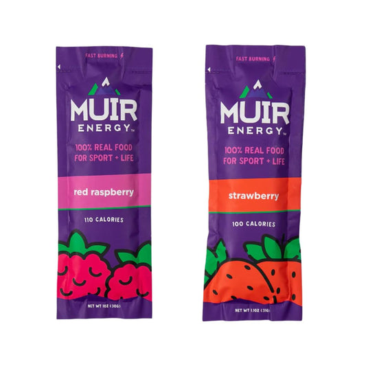 Muir Energy Fast Burn red raspberry gel in pouch for on-the-go fueling.