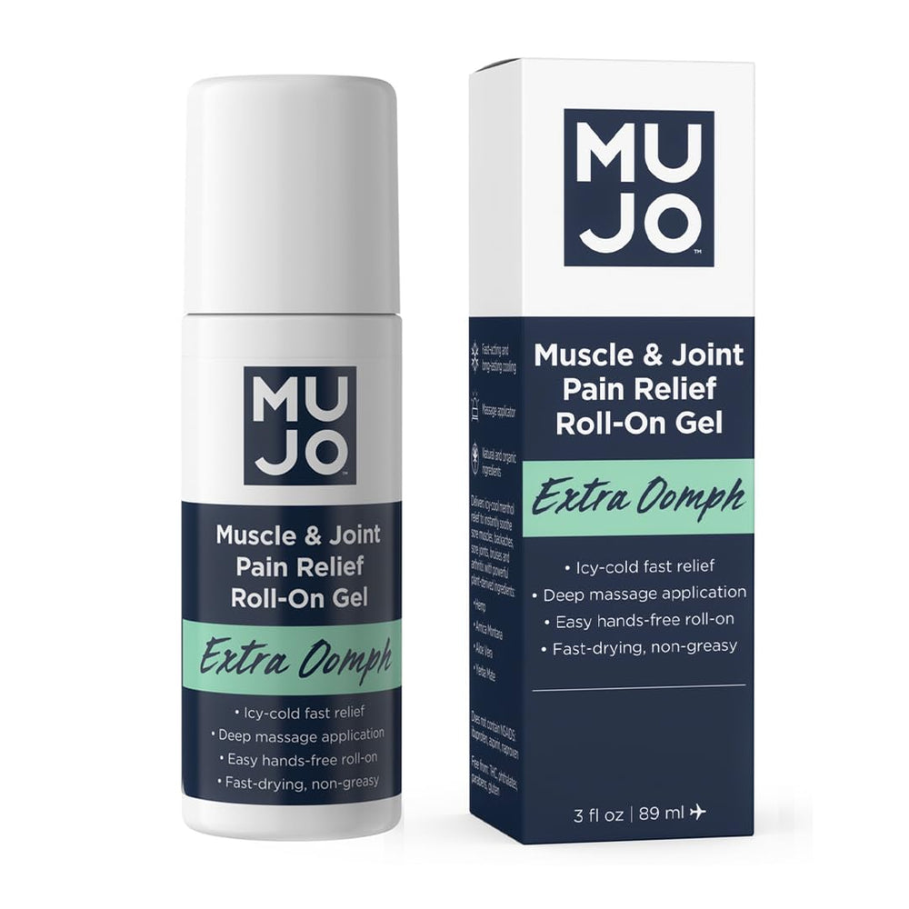 MUJO Extra Oomph roll-on menthol bottle for fast-acting relief of sore muscles.