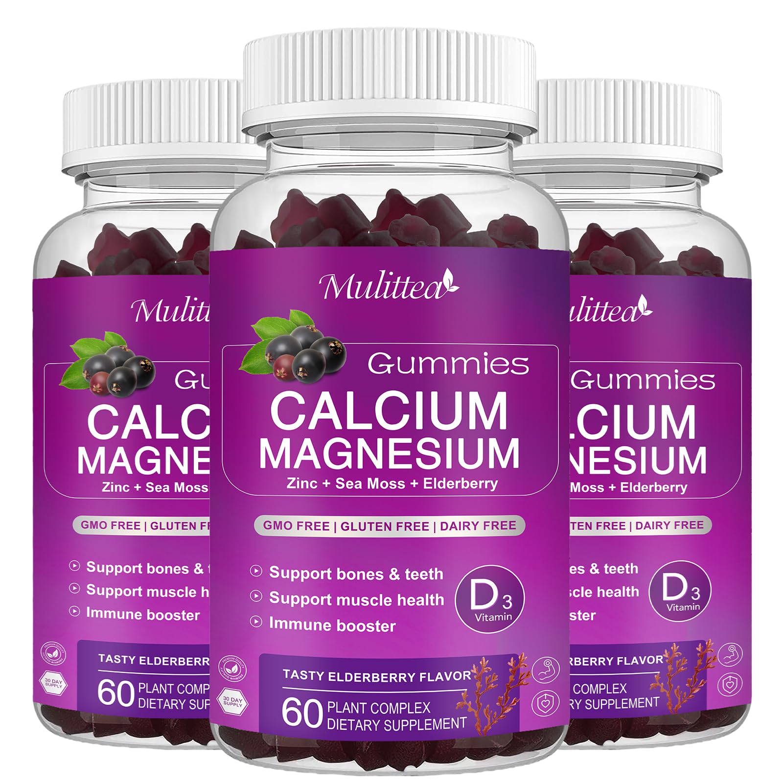 Mulittea calcium gummies bottle with elderberry flavor for bone and muscle support