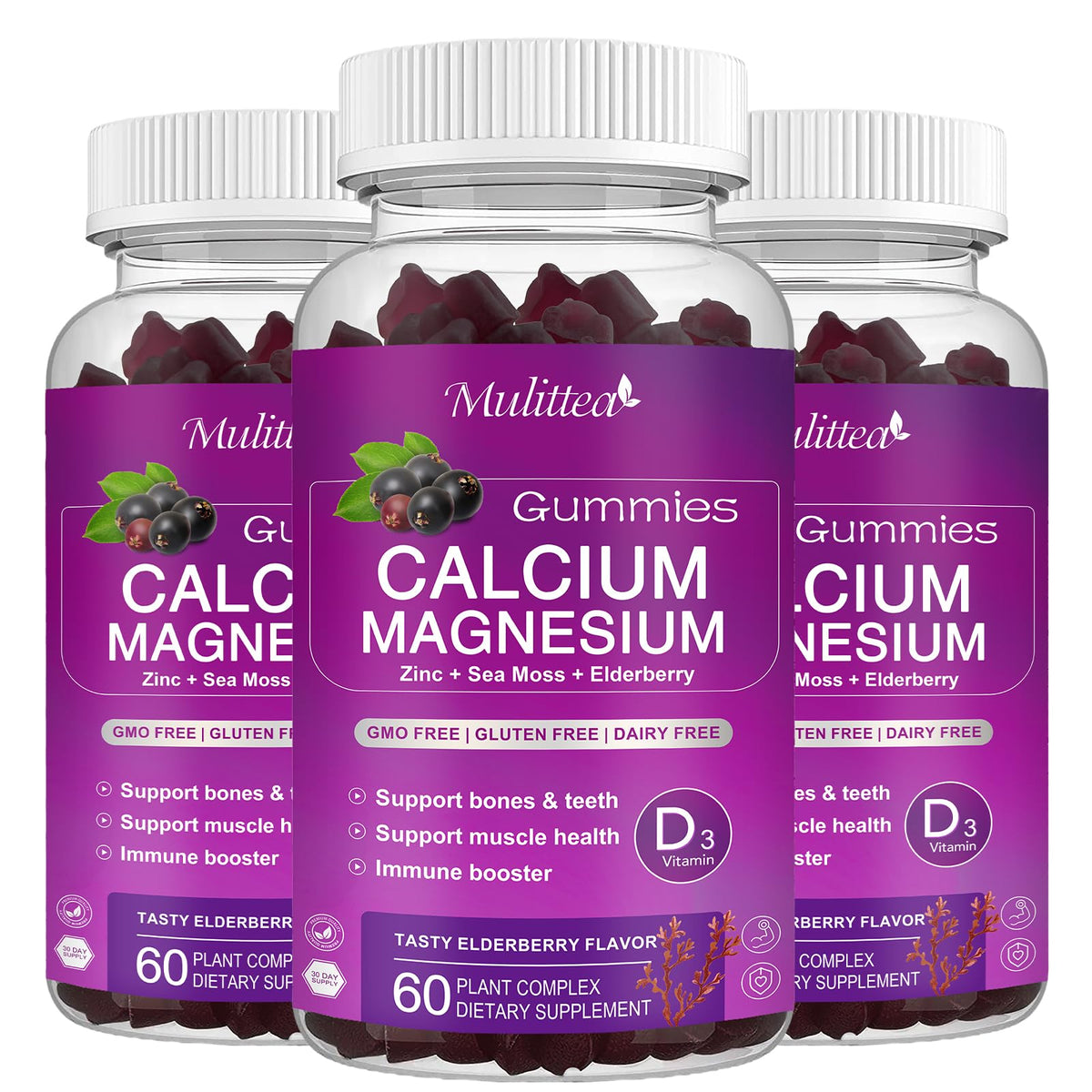 Mulittea calcium gummies bottle with elderberry flavor for bone and muscle support