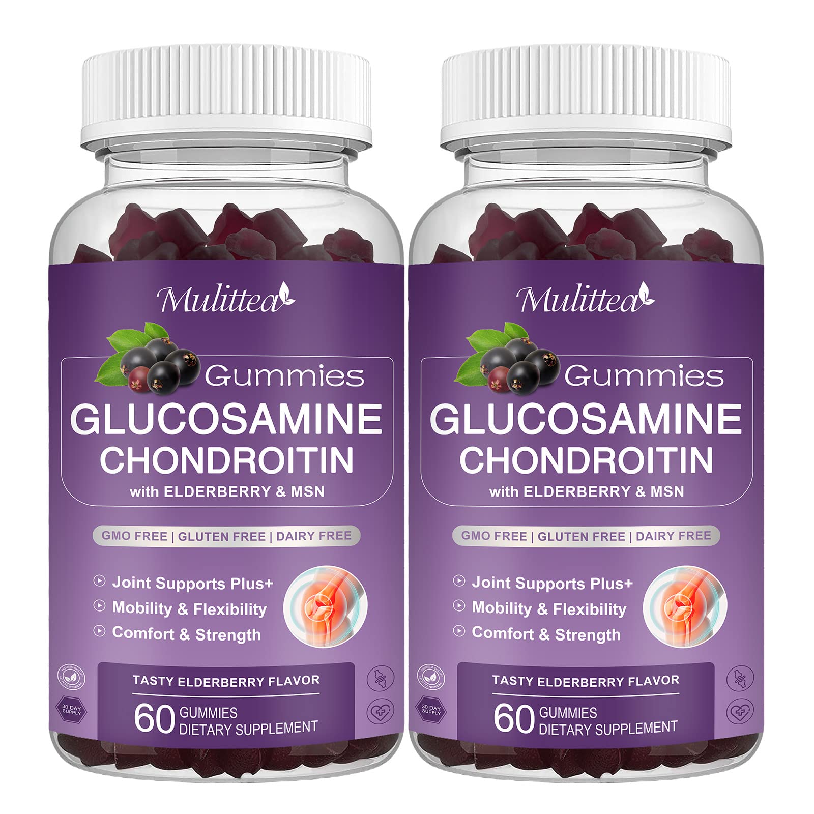 Mulittea gummies jar promoting joint support with berry flavor.