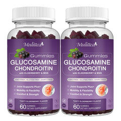 Mulittea gummies jar promoting joint support with berry flavor.