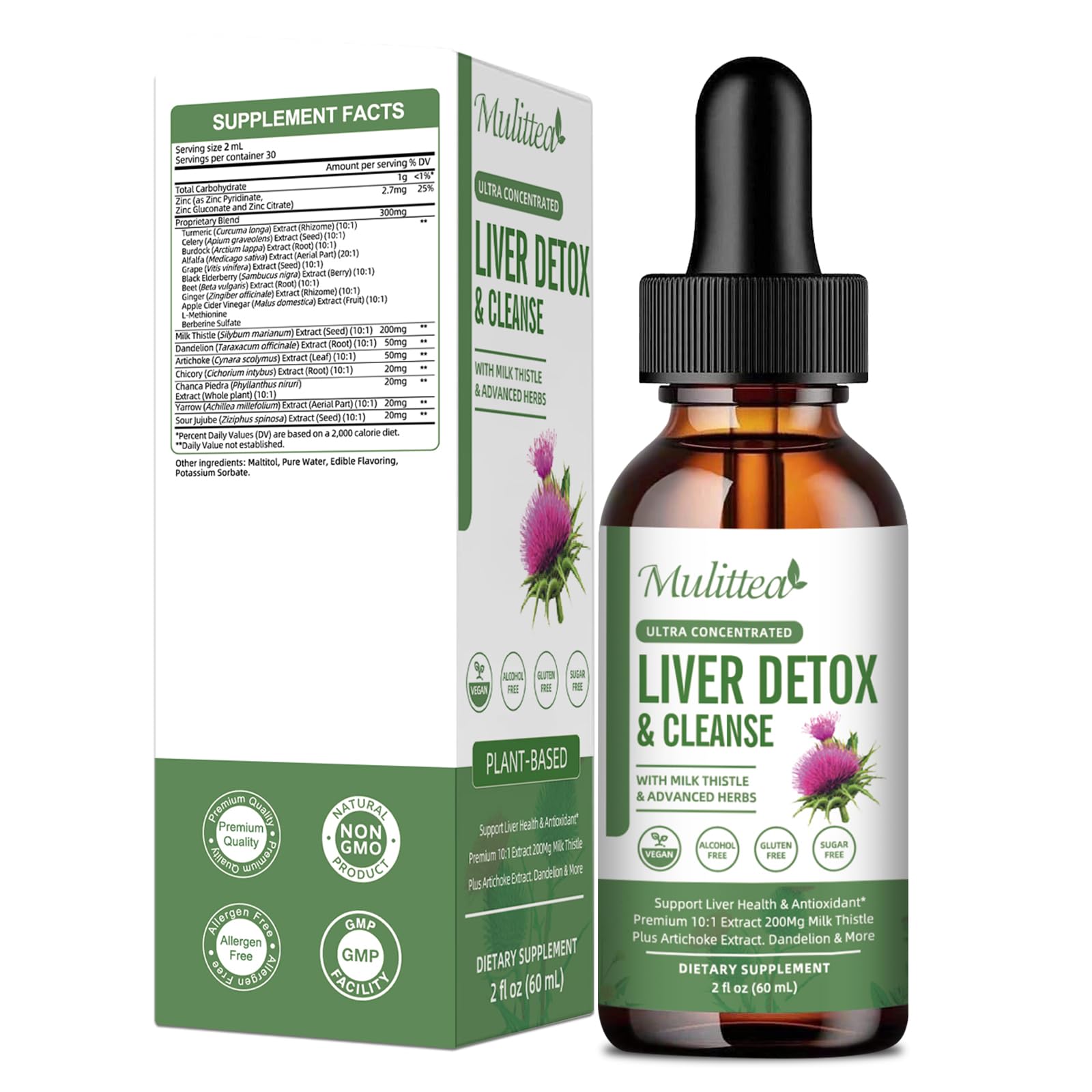 Mulittea Liver Health Drops bottle front showing branding for liver support.