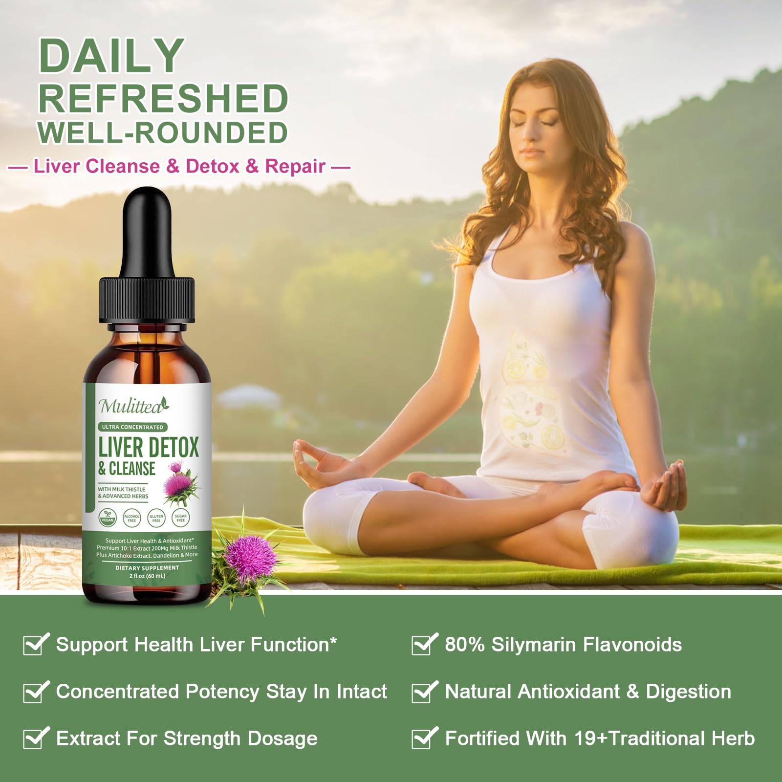 Mulittea Liver Health Drops label close-up showing non-GMO and alcohol-free formula.