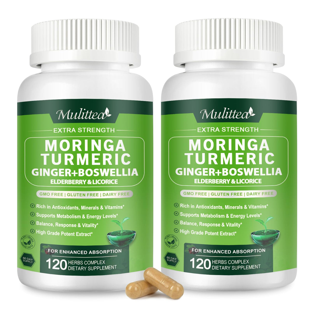 Mulittea Moringa Capsules bottle front highlighting immune support.