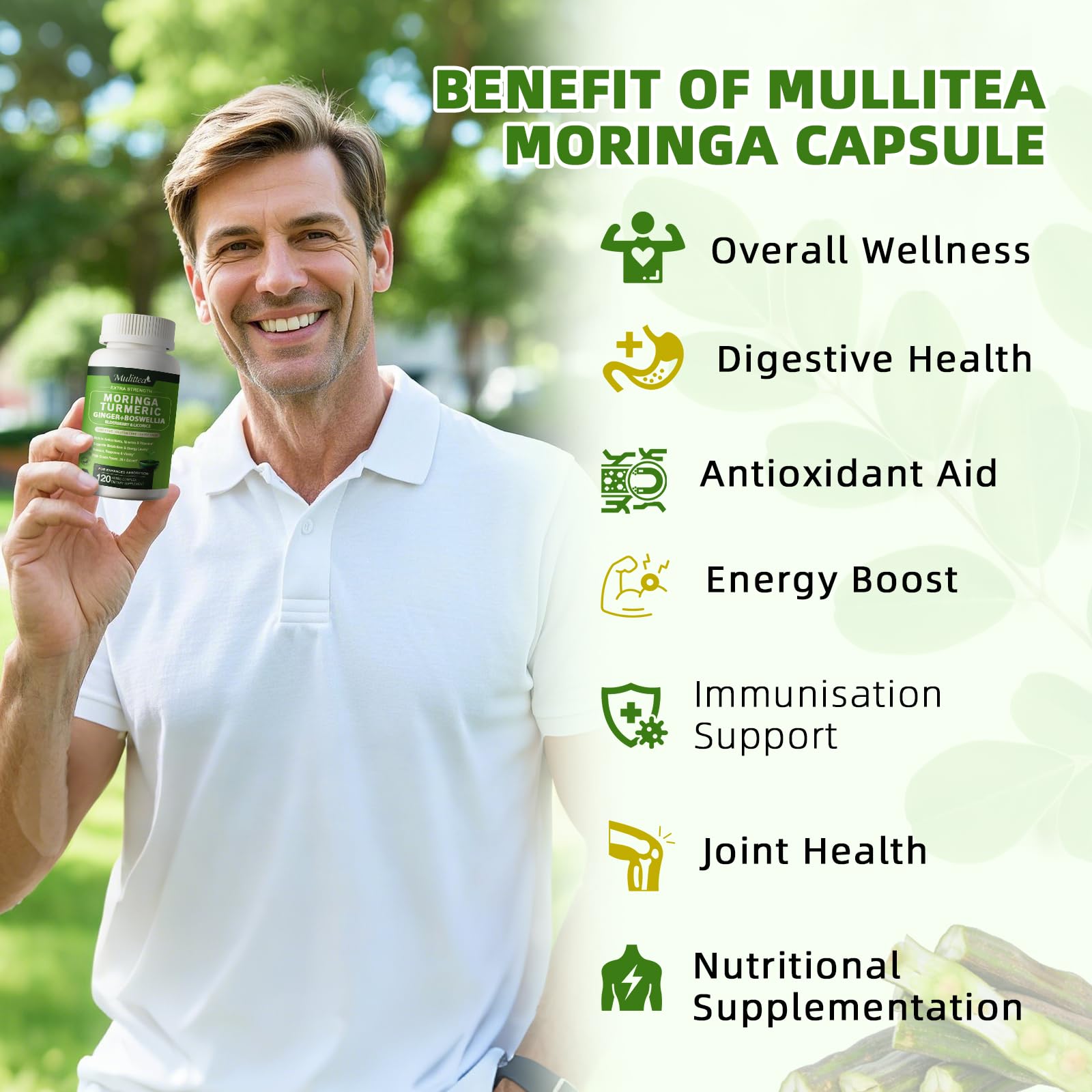 Mulittea Moringa Capsules with elderberry and boswellia for antioxidant blend.