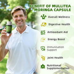 Mulittea Moringa Capsules with elderberry and boswellia for antioxidant blend.