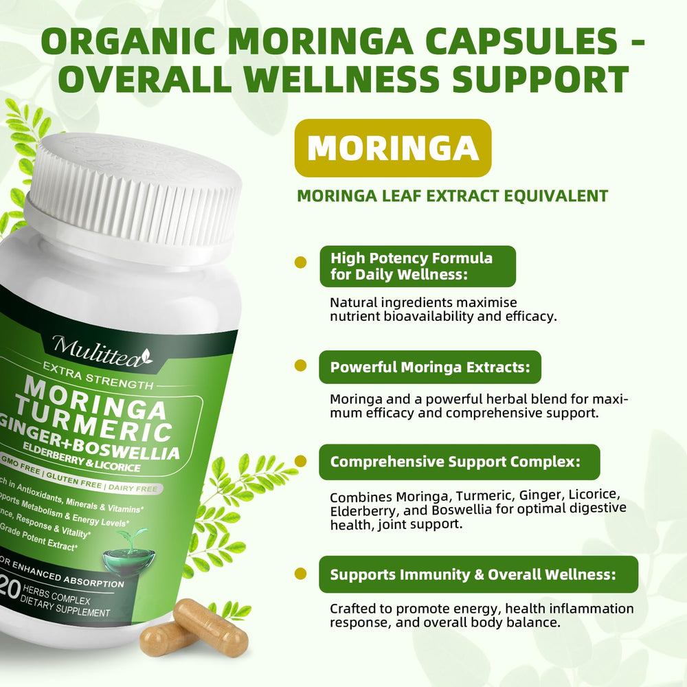 Mulittea Moringa Capsules with turmeric and ginger for daily wellness.
