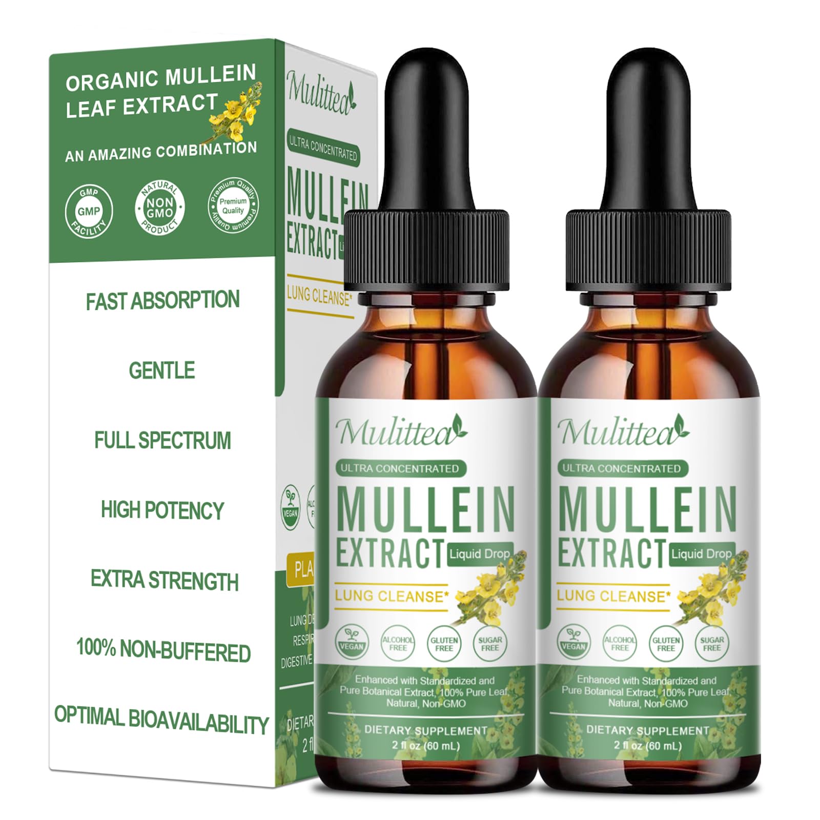 Mulittea Mullein Drops bottle for daily respiratory and digestive support.
