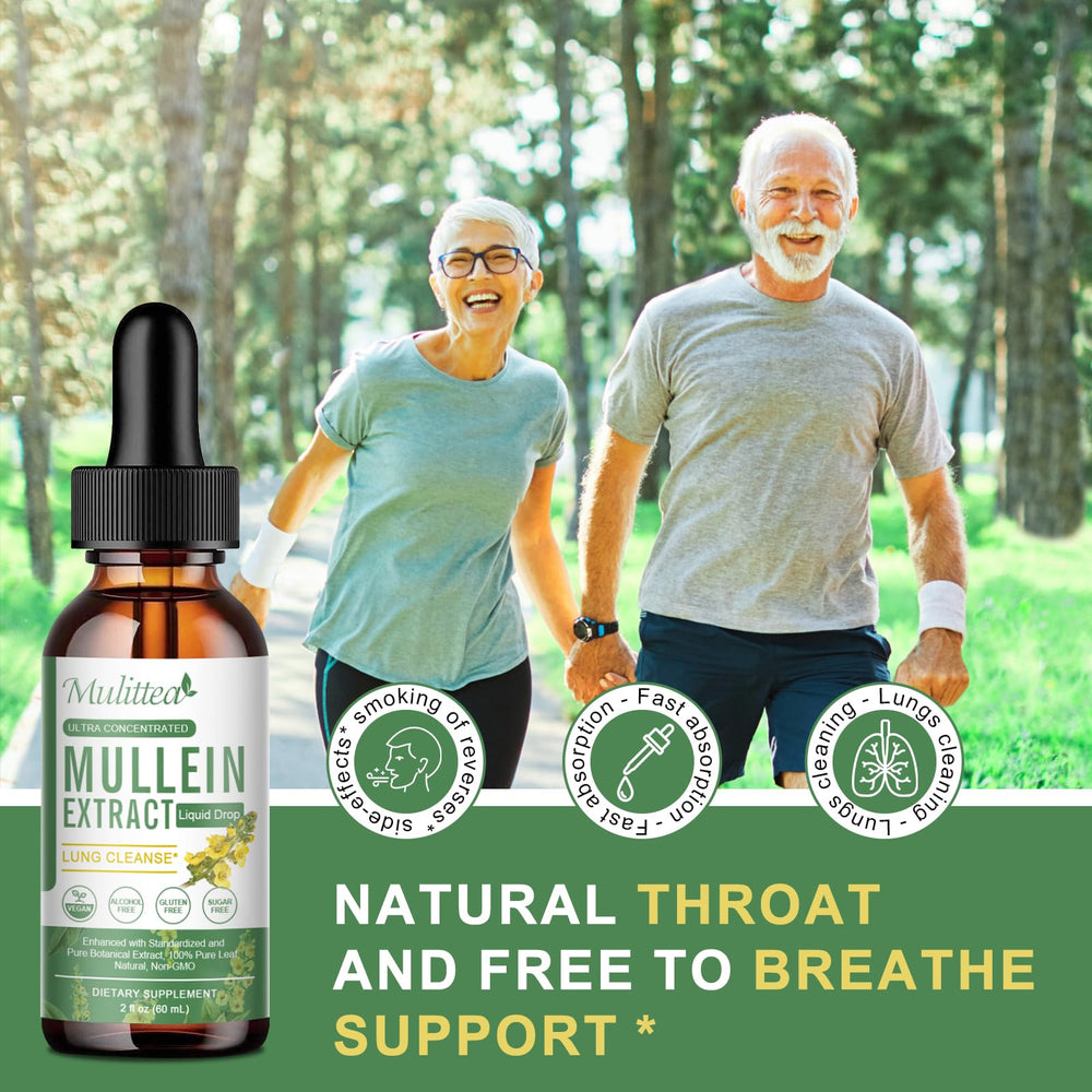Mulittea Mullein Drops label close-up, vegan, alcohol-free formula for daily lung support.