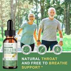 Mulittea Mullein Drops label close-up, vegan, alcohol-free formula for daily lung support.