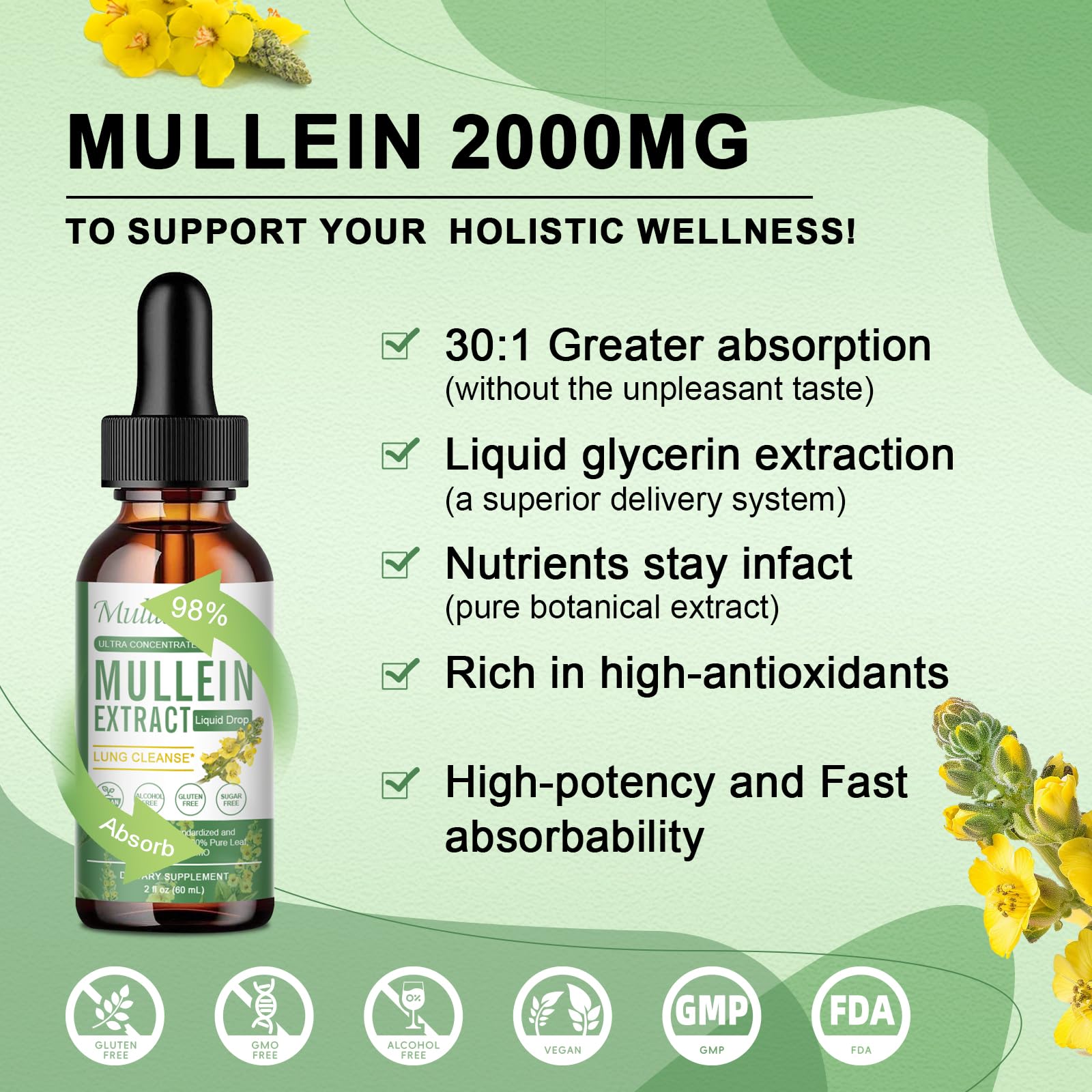 Mulittea Mullein Drops being poured into a glass for easy daily use.