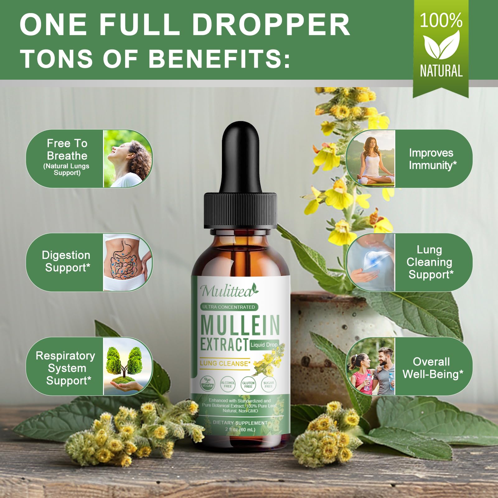 Mulittea Mullein Drops on a wellness setup suggesting daily lung and digestion support.