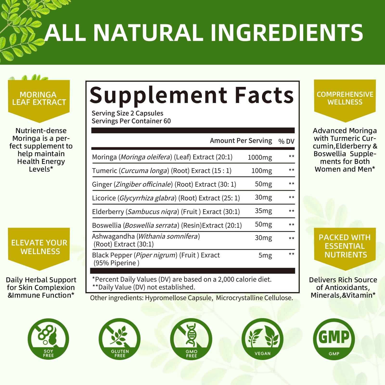 Mulittea packaging label showing non-GMO and GMP quality.