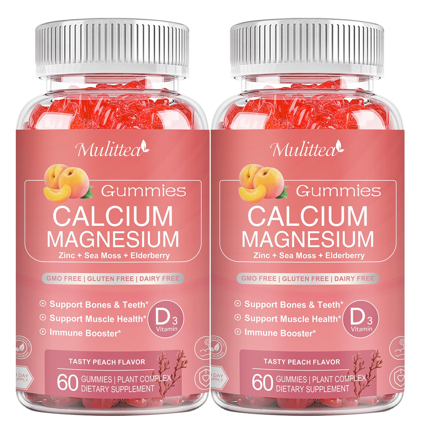 Mulittea Plan Calcium Gummies pack shot highlighting a sugar-free bone support formula.