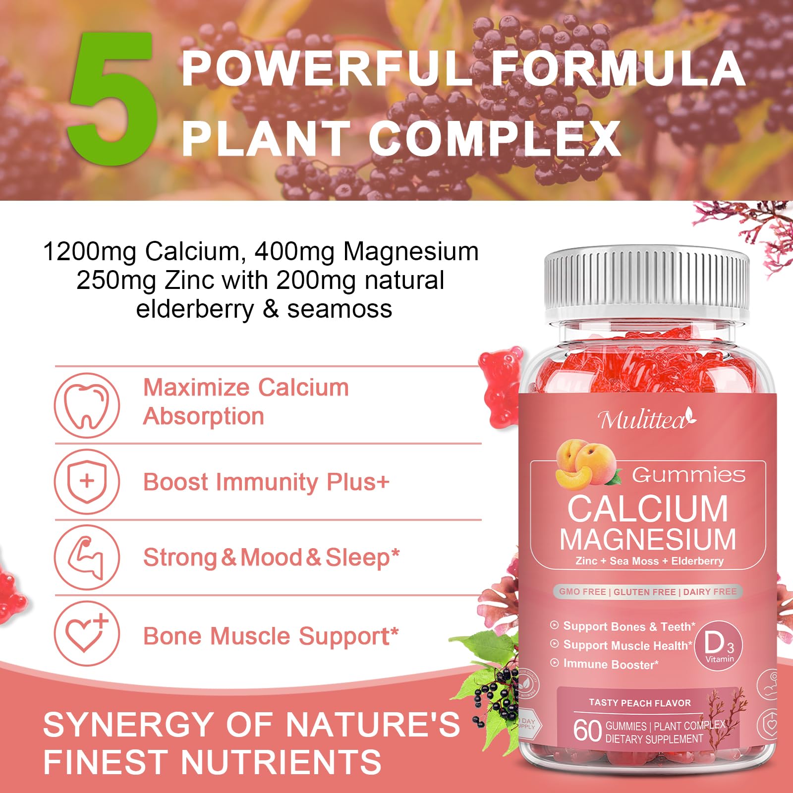Mulittea Plan Calcium Gummies sugar-free label promoting easy ingestion.