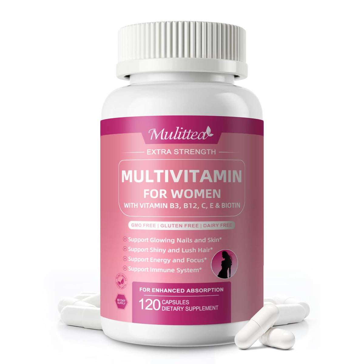 Mulittea women's multivitamin bottle close-up highlighting comprehensive daily nutrition