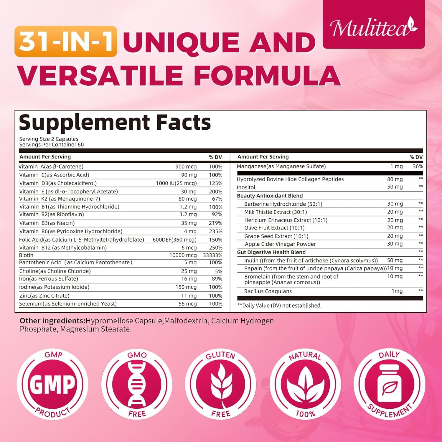Mulittea multivitamin capsules close-up emphasizing 31 nutrients and botanicals for vitality