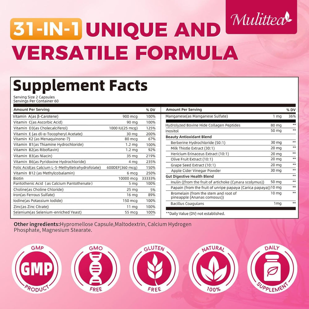 Mulittea multivitamin capsules close-up emphasizing 31 nutrients and botanicals for vitality